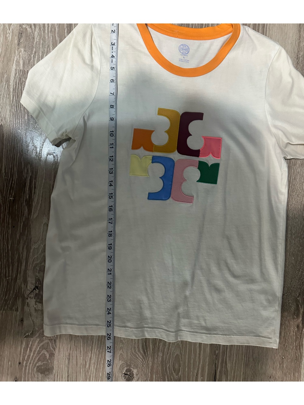 Tory Burch Cream Graphic Tee with Orange Trim and Multicolor Appliqué Large - Picture 7 of 7